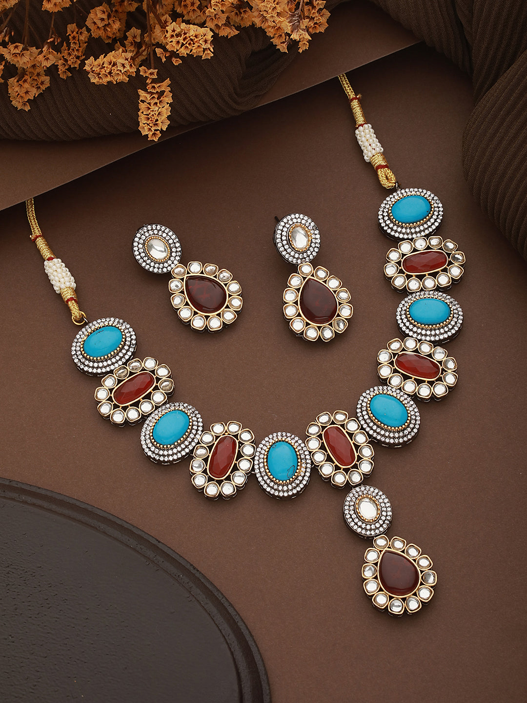 Victorian Polish Maroon & Turquoise Kundan Studded Floral Necklace Jewellery  Set